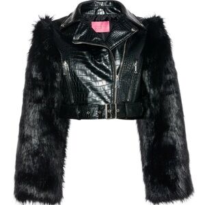 NWOT AZALEA WANG NOLA FAUX FUR SLEEVE CROC BODY MOTO JACKET BLACK